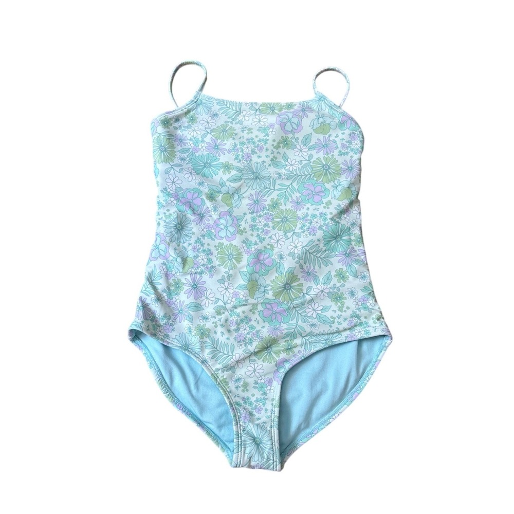 GB Girls One Piece Swimsuit Kids Mint Green Floral Retro Tie Back SIZE 14